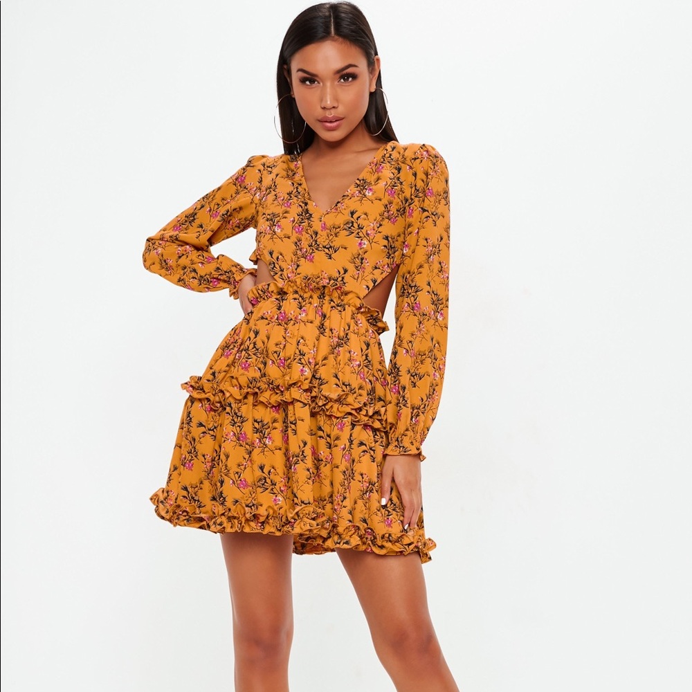 Mustard Floral Open Back Skater Dress